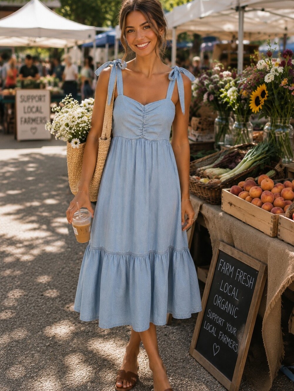 Stradivarius Chambray Tie Strap Midi Dress | Size Medium